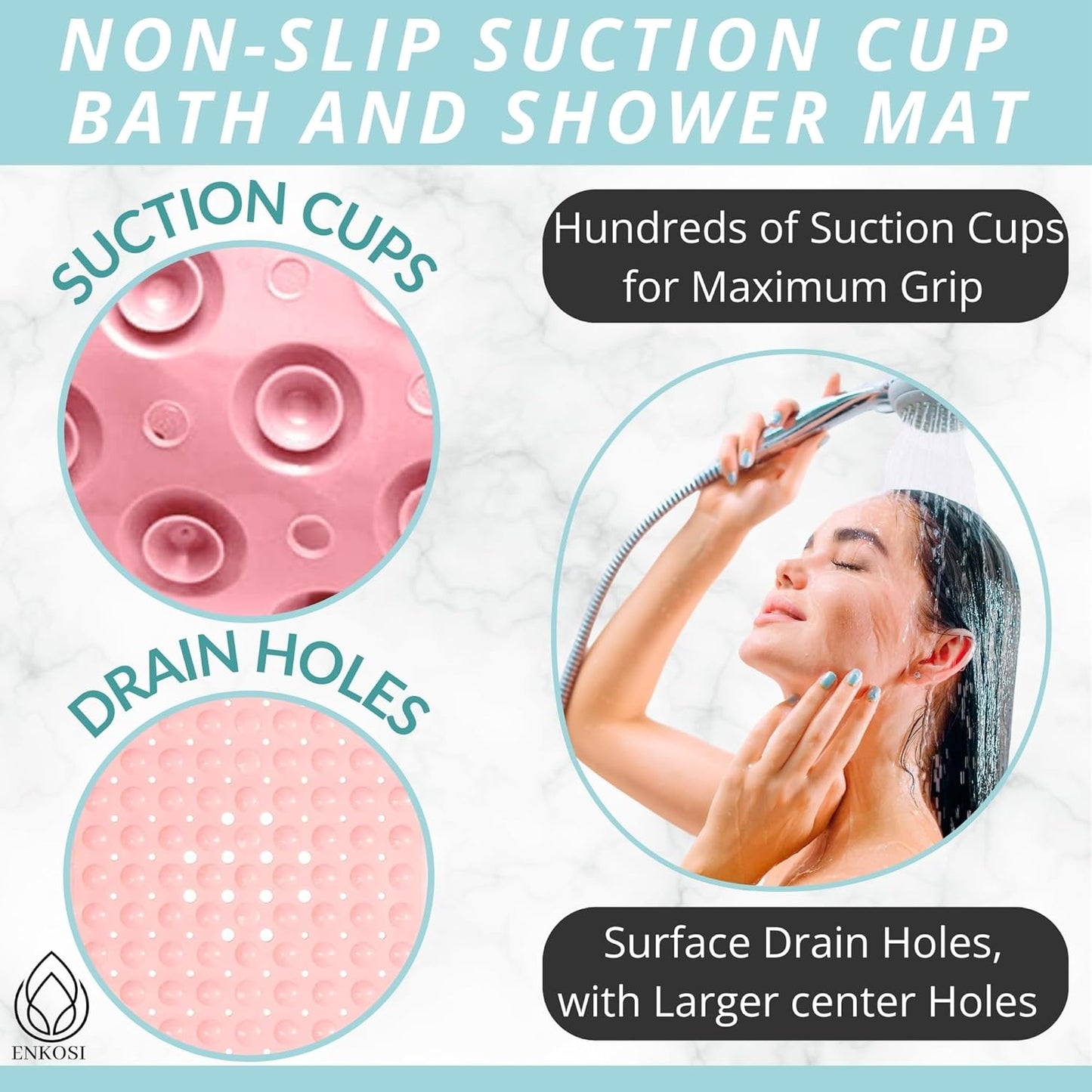 ENKOSI Bath Mat - Large Non Slip Bathtub & Shower Mat - Extra Long 40 x 16 Inch Bathroom Mats for Tub Nonslip Anti Slip Bathmats (40x16 Baby Pink 1-Pack)