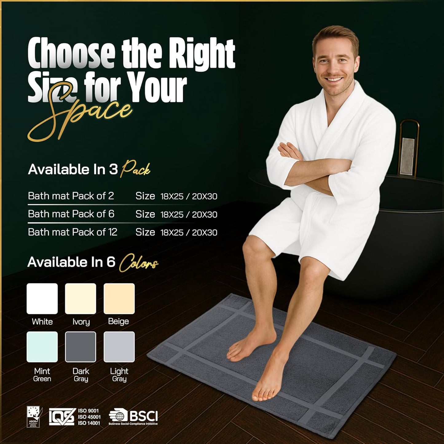 Pearl Linens Pack of 6 Washable Cotton Bath Mat 18x25 - Soft & Absorbent Quick Dry Bathroom Mat Set, Not Bathroom Rugs After Shower Mat, Terry Bath Tub Mat, 687 GSM Dark Grey