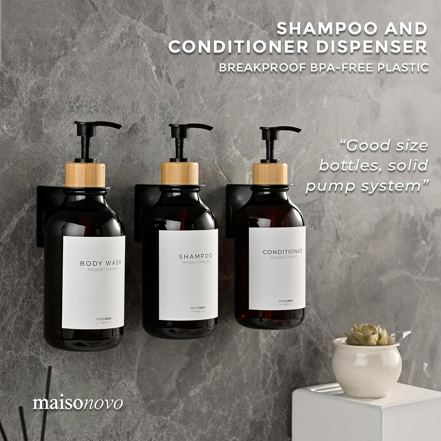 MaisoNovo Shampoo and Conditioner Dispenser - Shower Soap Dispenser Wall Mounted - 16.9 fl oz Set of 3 Amber Plastic Bottles Black Bamboo Pump - Shampoo Dispenser, Shower Dispenser 3 Chamber No Drill