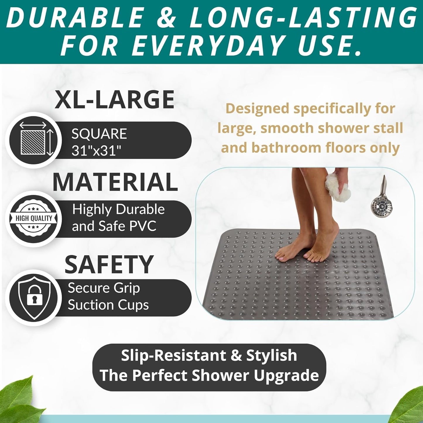 ENKOSI Extra Large Square Non Slip Shower Mat - 31 x 31-inch XL Bathroom Shower Mat - Square Shower Matts for Shower Stall Floors | Secure Suction Cups and Drain Holes (31x31 Clear Gray)
