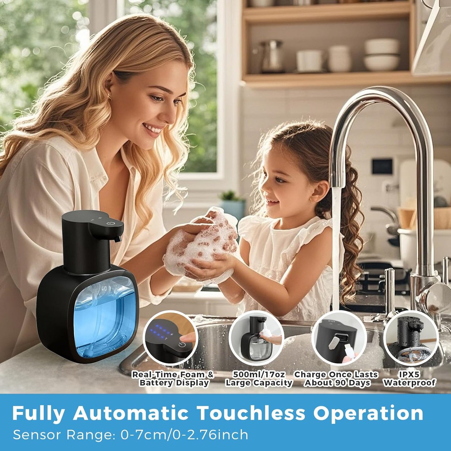 Automatic Foaming Soap Dispenser, 17oz/500ml Touchless Rechargeable with 4-Level Adjustable & IPX5 Waterproof - Level Display for Wall/Tabletop Use in Bathroom, Kitchen, Black