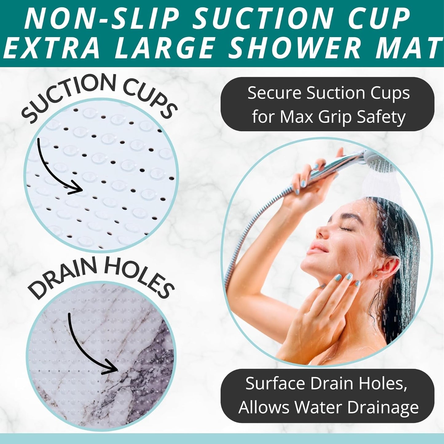 ENKOSI Extra Large Square Non Slip Shower Mat - 31 x 31-inch XL Bathroom Shower Mat - Square Shower Matts for Shower Stall Floors - Secure Suction Cups and Drain Holes (31x31 Marble Grey)