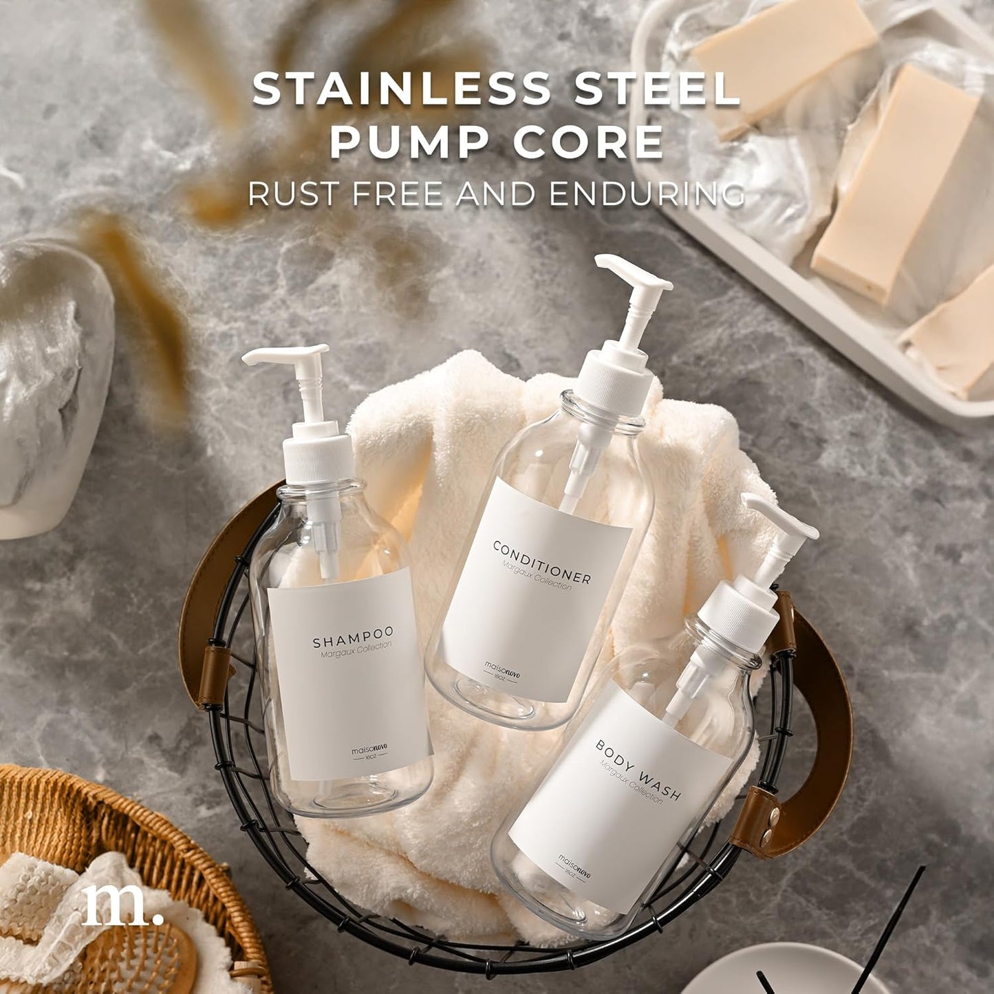 MaisoNovo Refillable Shampoo and Conditioner Bottles | 16.9 fl oz Set of 3 Clear Plastic Bottles White Pumps