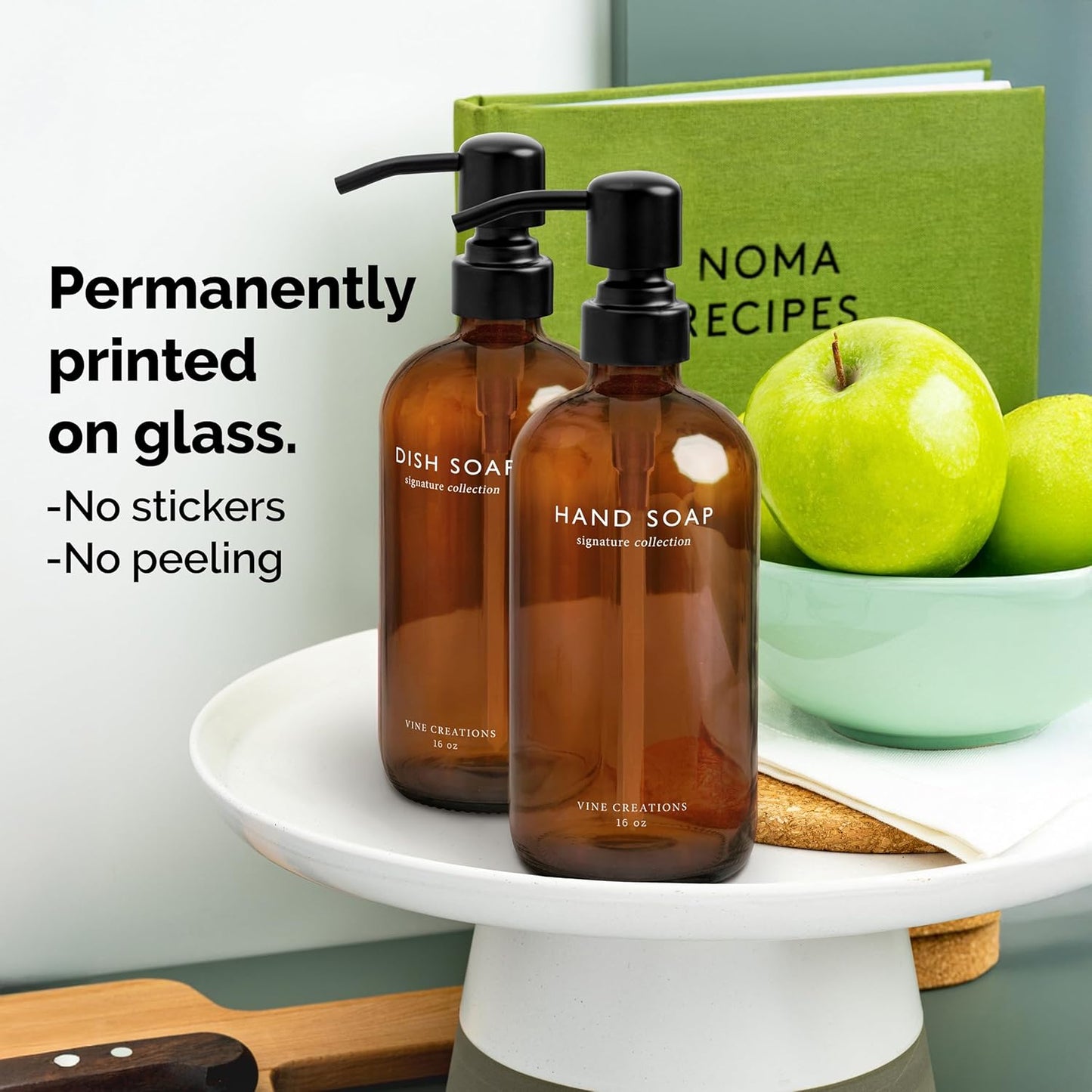 Vine Creations Amber Glass Soap Dispenser Set, Dish Soap and Hand Soap Dispenser Set with Stainless Steel Pump, 16 oz Glass Dispensers for Kitchen or Bathroom Decor (Amber Bottle/Matte Black Pump)