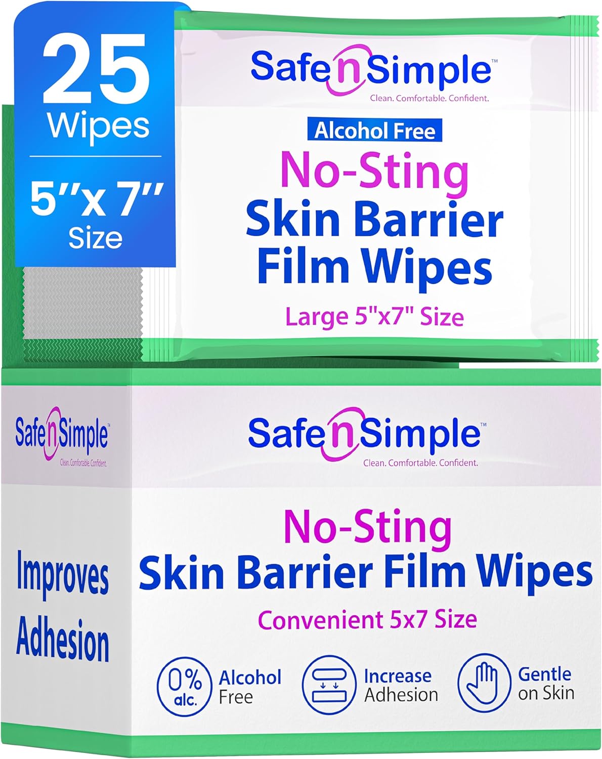 Safe n' Simple Skin Barrier Wipes - 25 Large 5” x 7” Individually Wrapped No-Sting Barrier Film - Skin Prep Protective Wipes - Medical Bandage Barrier Film for Skin