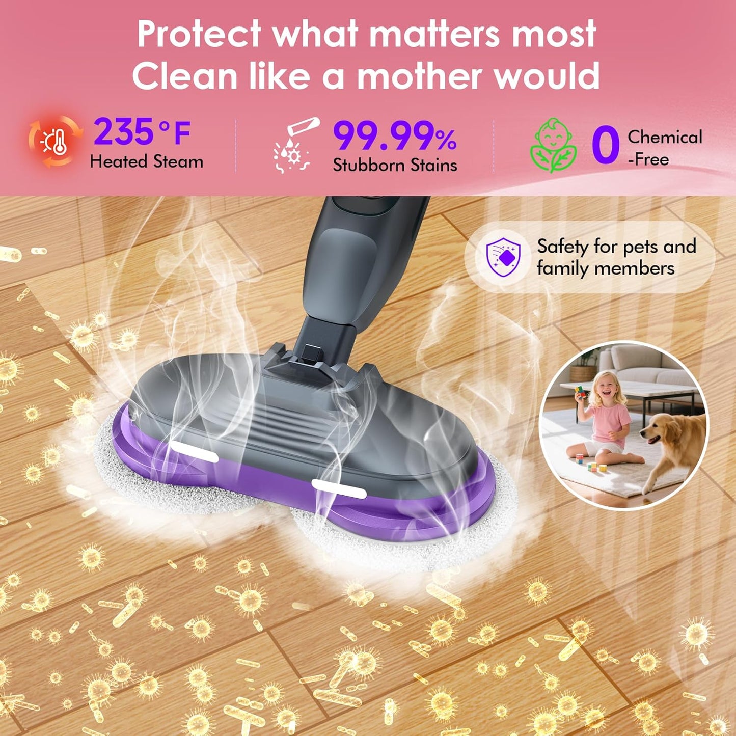 Scrub & Steam Mop with Rotating Mop Pads, LED Headlights, 6 Scrub Pads, Large Tank, Swivel Steering, Effortless Scrubbing Hard Floor Cleaner Upgraded