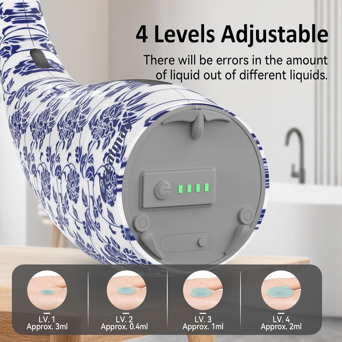 Adjustable Automatic Soap Dispenser Touchless, 4 Adjustable Levels Touchless Sensor Liquid Soap Pump Dispenser，300ml Rechargeable Magnetic Charging Hand Soap Dispenser for Kitchen，Bathroom