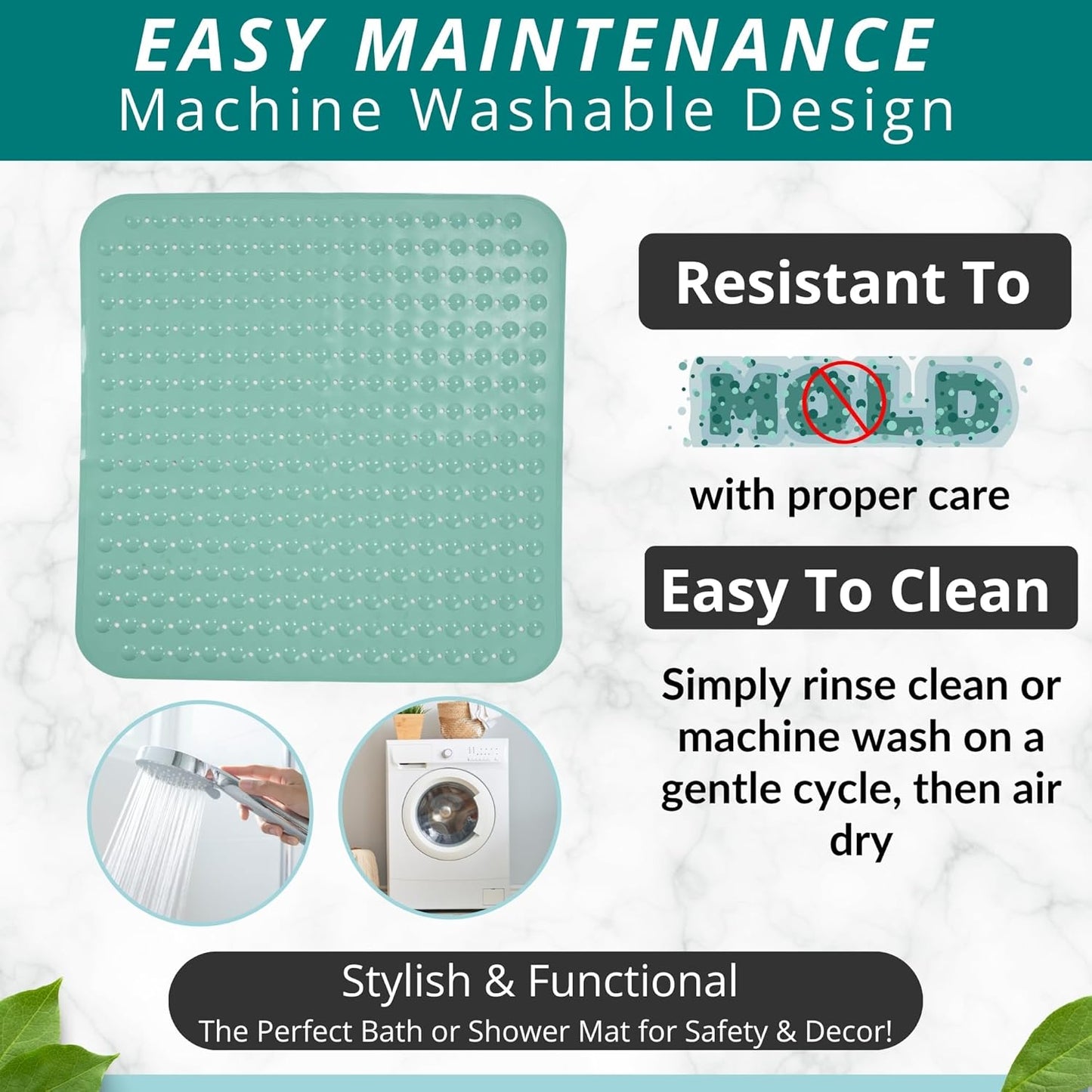 ENKOSI Extra Large Square Non Slip Shower Mat - 31 x 31-inch XL Bathroom Shower Mat - Square Shower Matts for Shower Stall Floors | Secure Suction Cups and Drain Holes (31x31 Aqua Green)