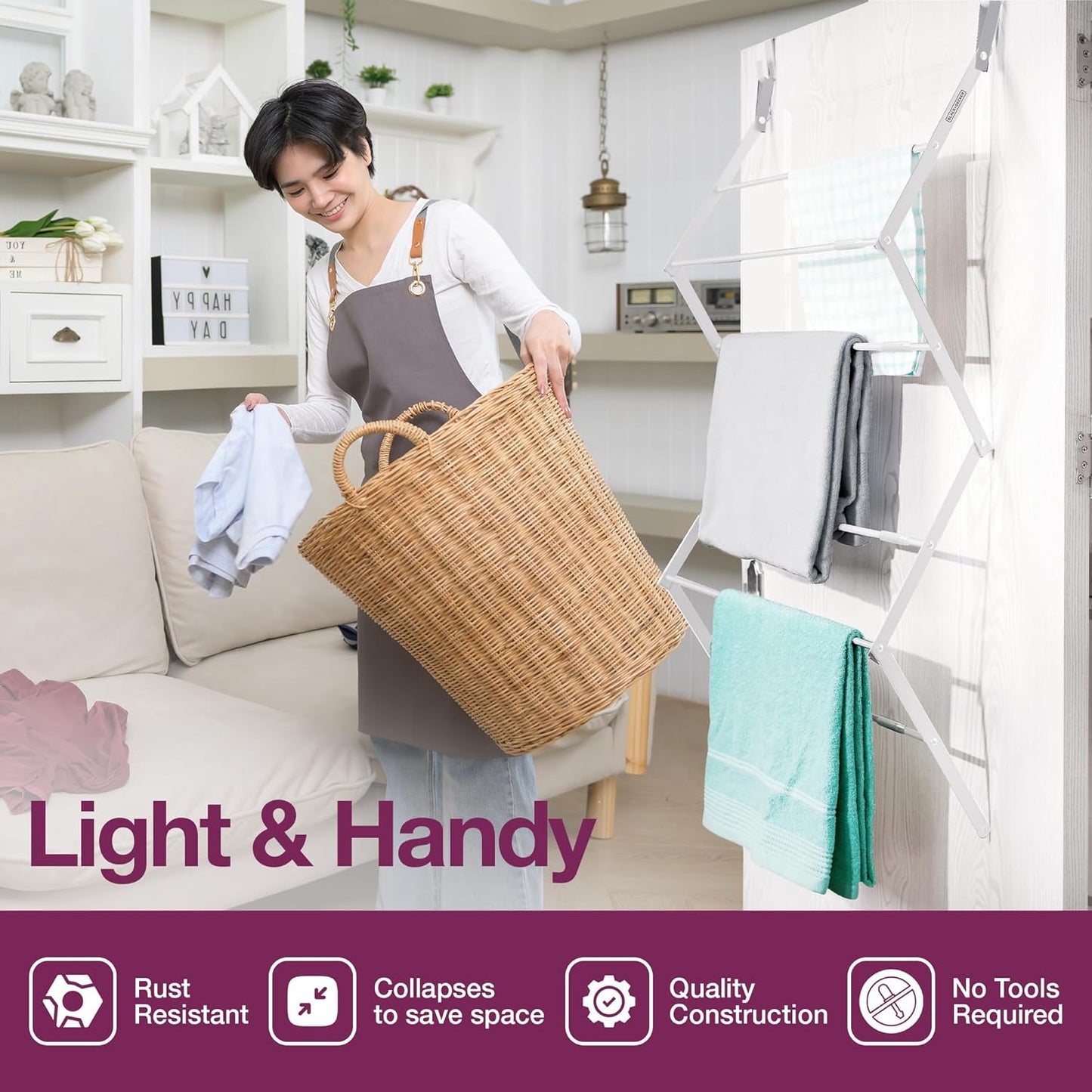 BLACK+DECKER Over The Door Expandable Telescopic Drying Rack, Clothes Organizer, Towel Hanger, Laundry, Collapsible, Silver