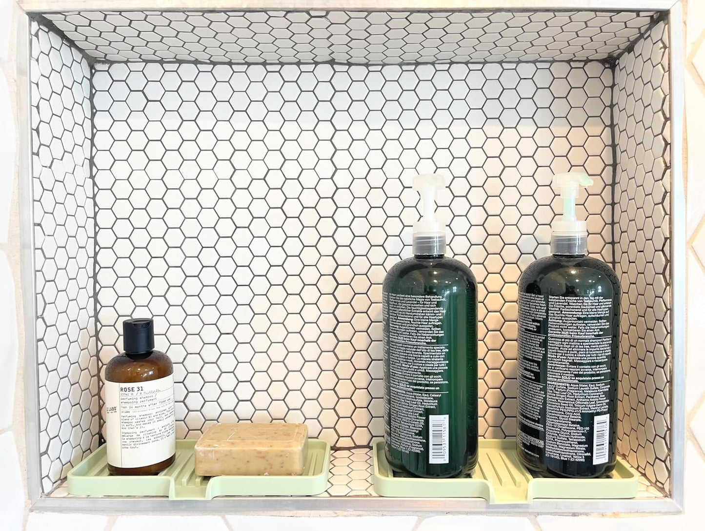 Happitasa Silicone Soap Dish Tray and Sponge Holder with Drain Chute | Bathroom and Kitchen Sink Organizer Caddy (Pistachio, 9"x3.5", 5.6 Ounces)