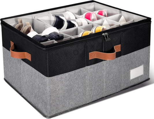 1 Pack Shoe Organizer for Closet, Adjustable Shoe Box Storage Containers, Large Foldable Shoe Bins with Clear Cover, Space Saving Shoes Holder with 4 Handles, Fits 12-24 Pairs, Black